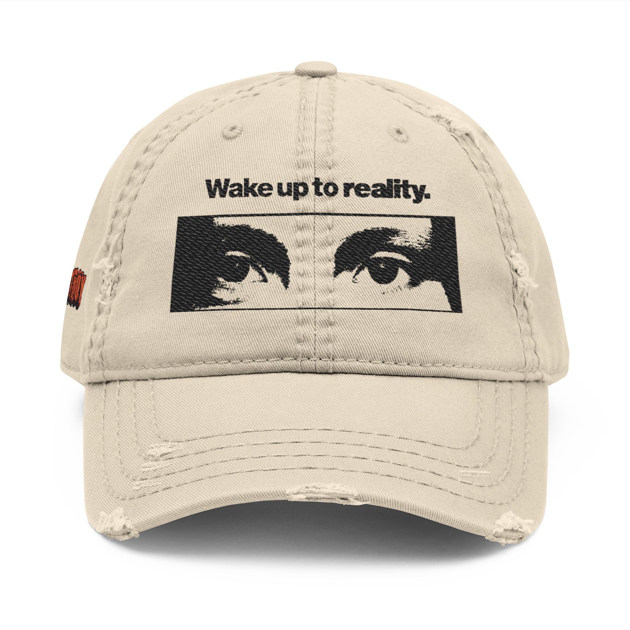 Distressed Embroidered Dad Hat — 'Wake up to reality' Eyes Cap