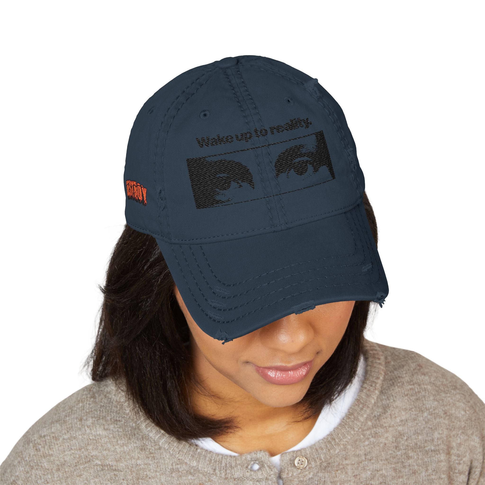 Distressed Embroidered Dad Hat — 'Wake up to reality' Eyes Cap