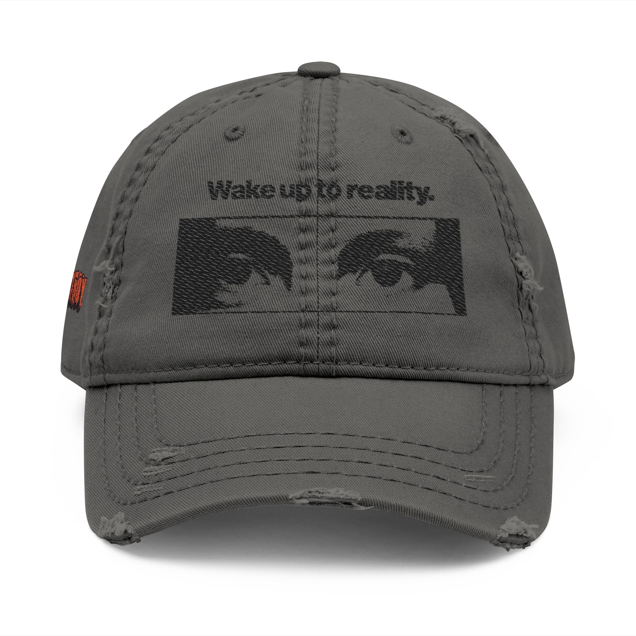 Distressed Embroidered Dad Hat — 'Wake up to reality' Eyes Cap