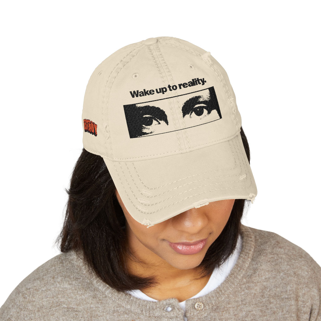 Distressed Embroidered Dad Hat — 'Wake up to reality' Eyes Cap