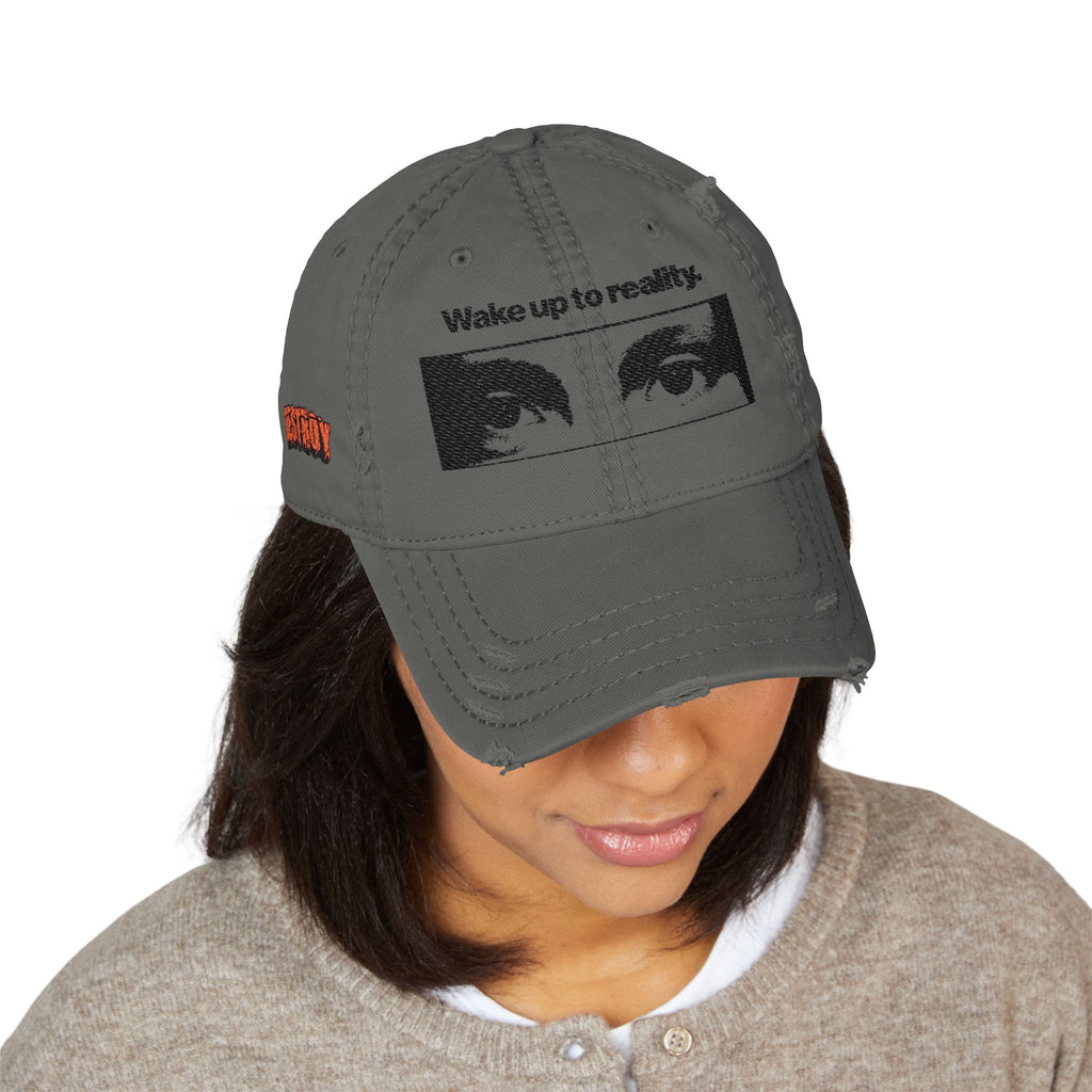 Distressed Embroidered Dad Hat — 'Wake up to reality' Eyes Cap